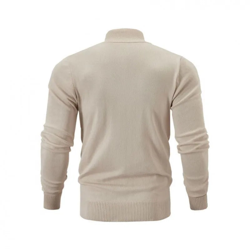 Men's cotton zip-up cardigan with stand collar in loose fit available in seven solid colours