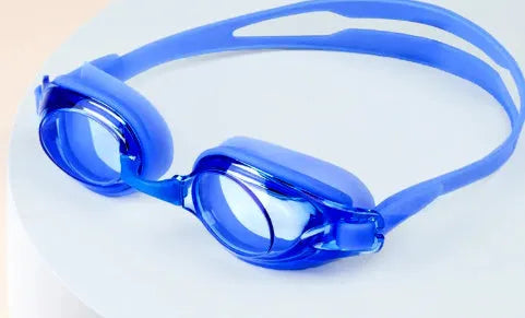 Adult myopia swimming goggles with anti-fog lenses in a black frame, shown with a protective hard case.