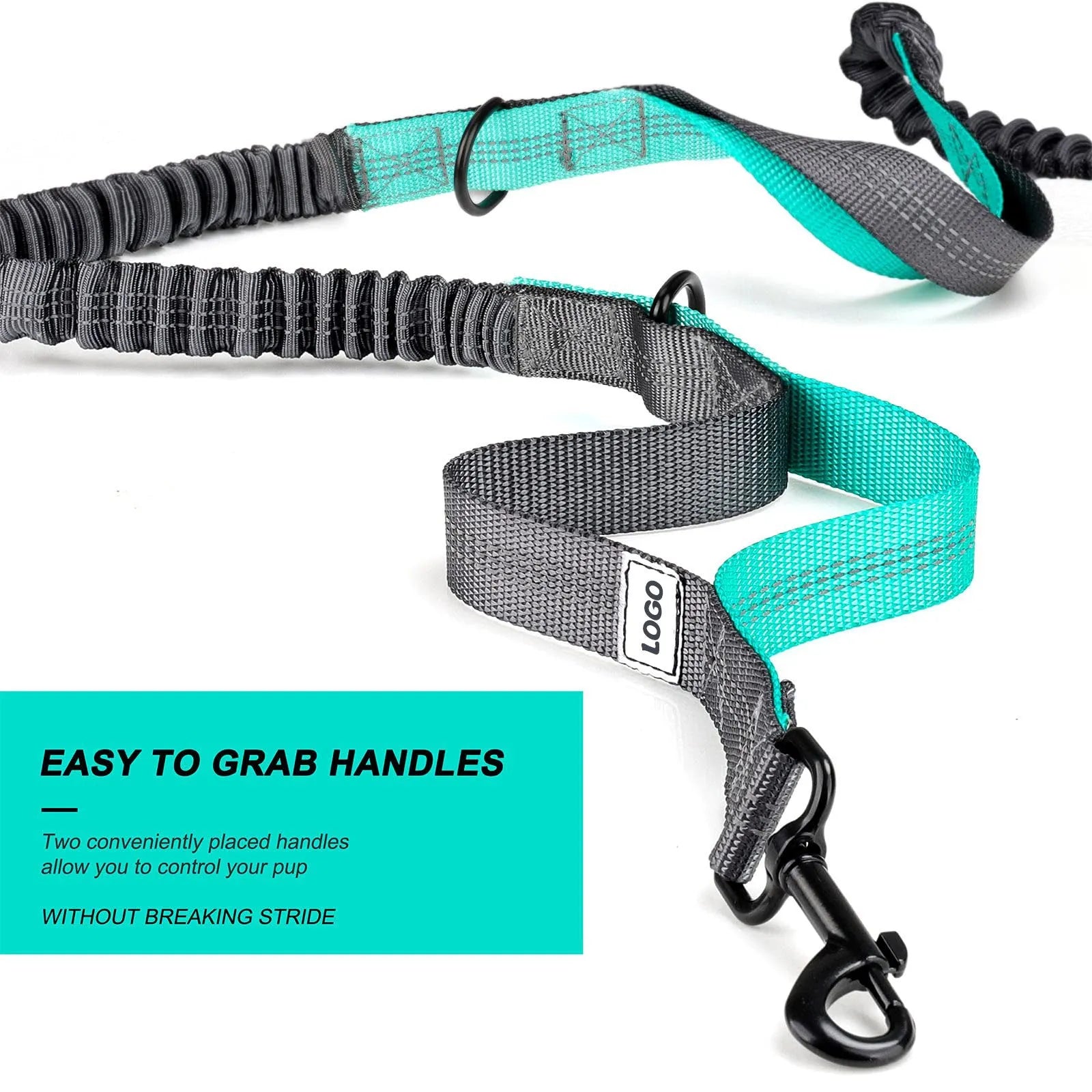 Black nylon outdoor dog walking set showing a waist bag and a hand-holding leash with collar attachment.