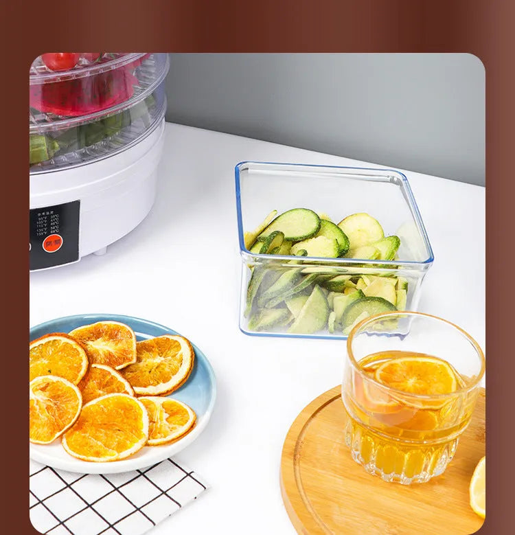 Five layer electric food dehydrator with stackable trays for drying fruit and vegetables