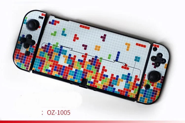 Nintendo Switch OLED hard protective case with cartoon pattern design showing front and back views