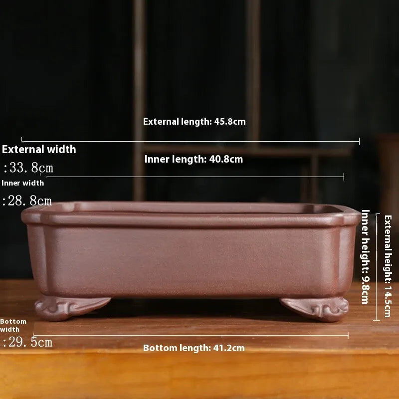 Purple sand rectangular manger antique bonsai pot with rectangular corner-cutting design