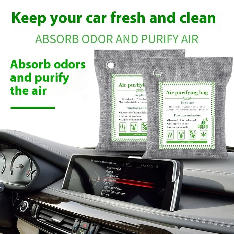 Bamboo charcoal air purifying bag in a sewing style fabric pouch for formaldehyde and odour removal.