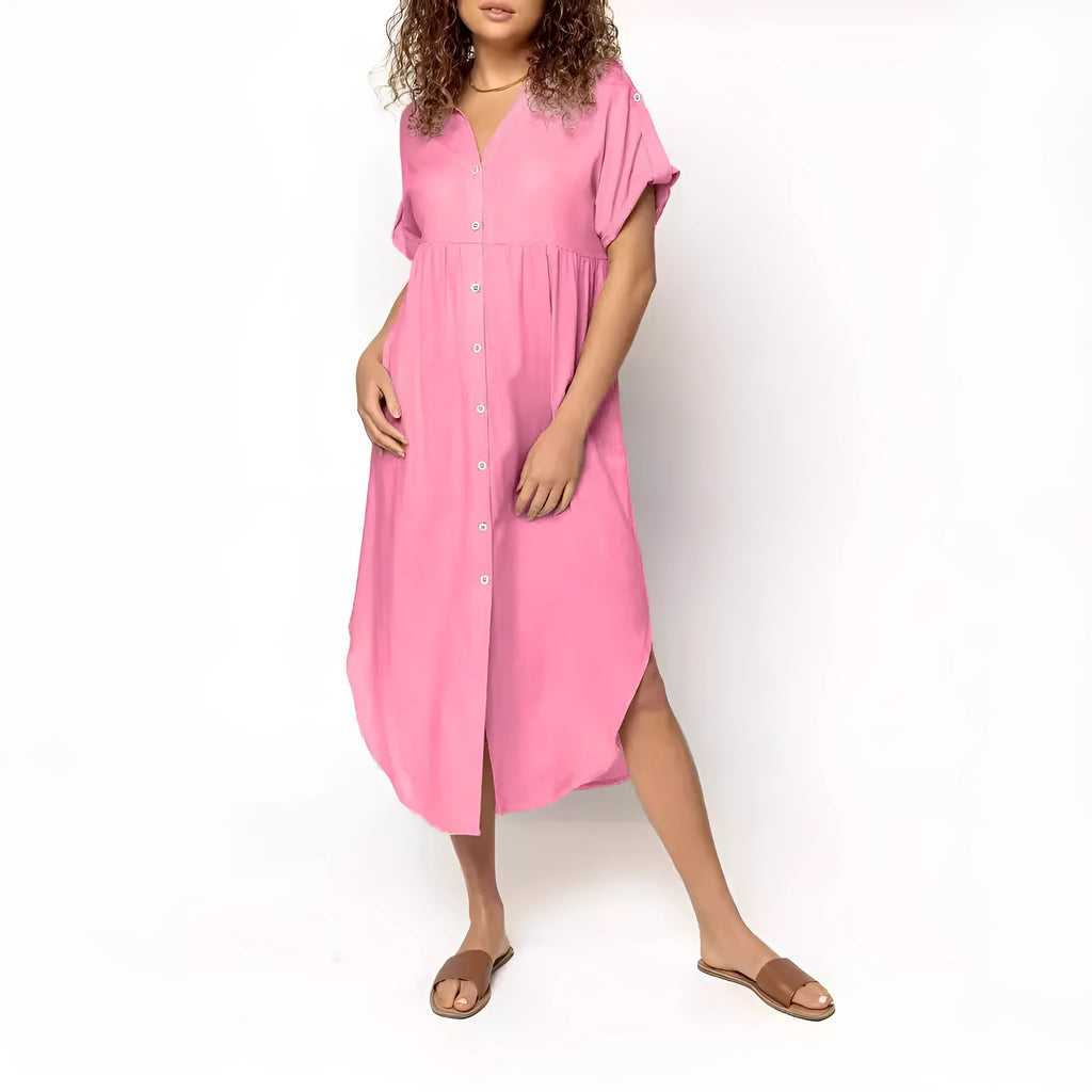 Loose casual button-front mid-length dress in solid colour
