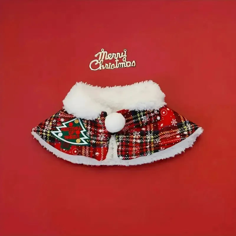 Festive pet scarf with holiday pattern in red and blue colours, shown draped as a winter accessory