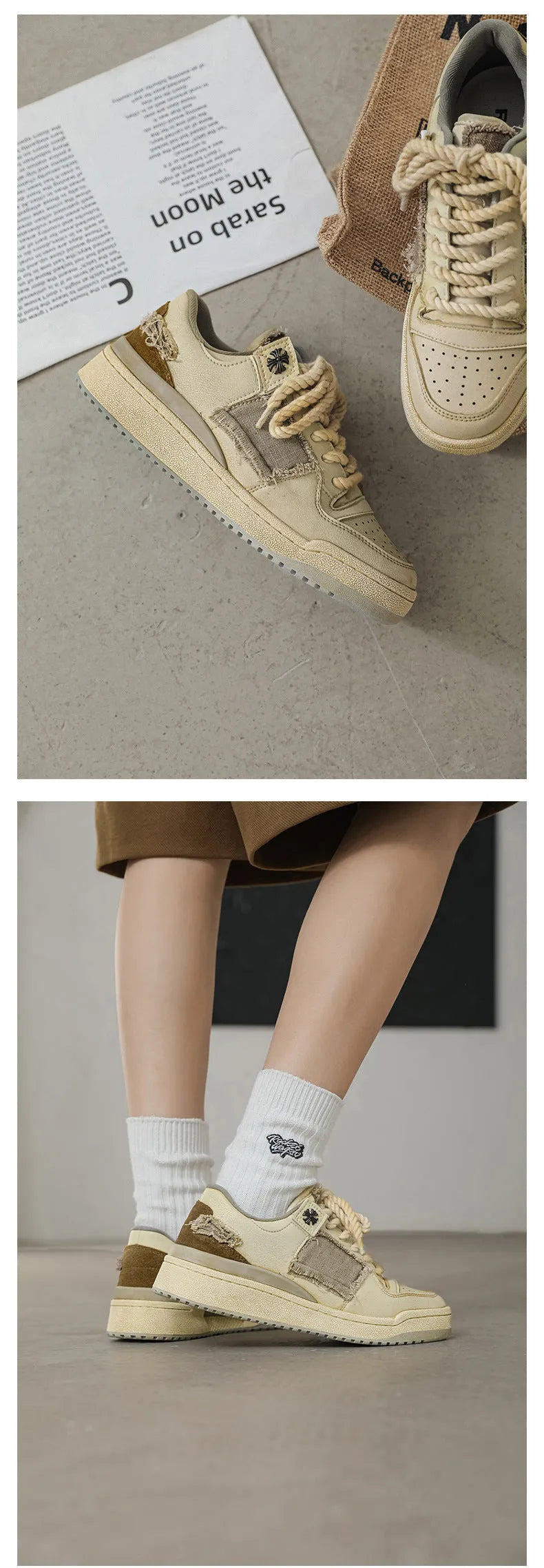 Beige vintage skateboard shoes with patch detailing, low-top design, and round toe