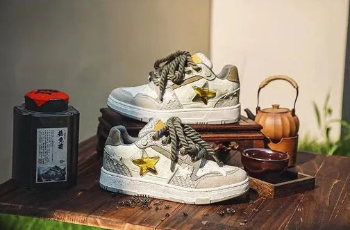 Green China-chic star pattern low top casual shoes with lace-up closure and rubber sole
