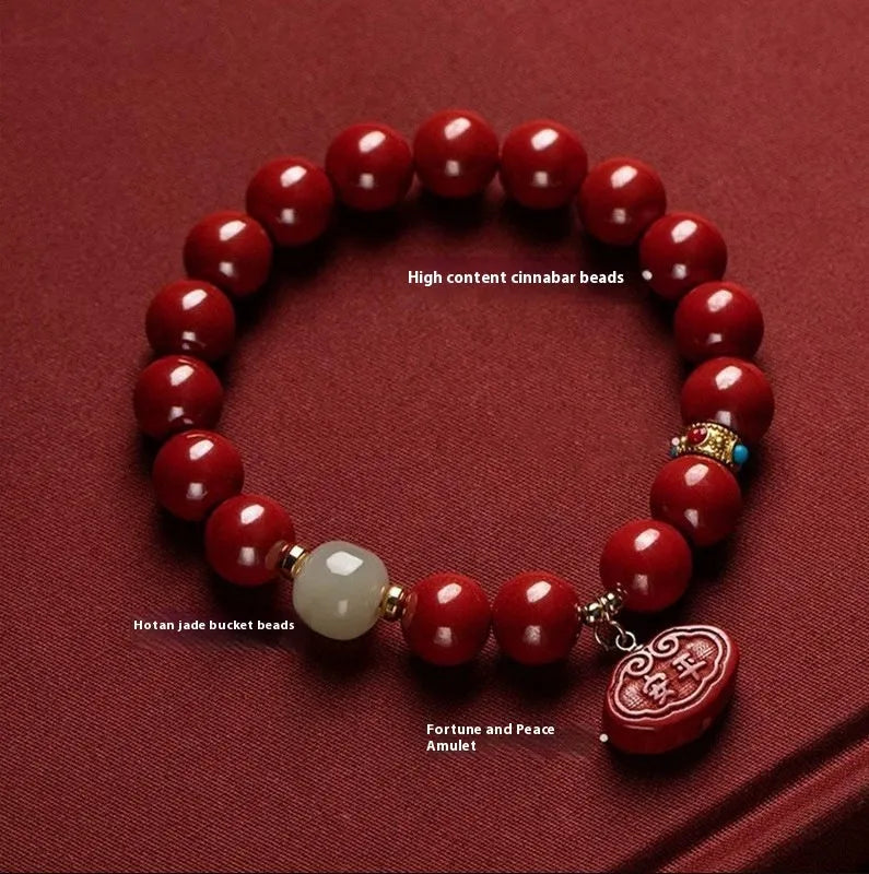 Natural cinnabar bracelet with Emperor sandstone design and Ping An Fu Lu motifs.