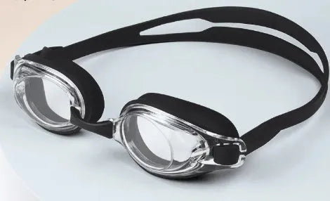 Adult myopia swimming goggles with anti-fog lenses in a black frame, shown with a protective hard case.