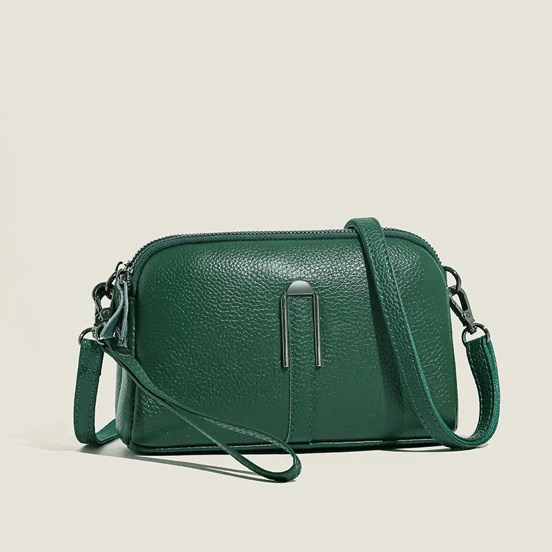 Women's genuine leather square shoulder bag in dark khaki colour, showing structured horizontal shape.