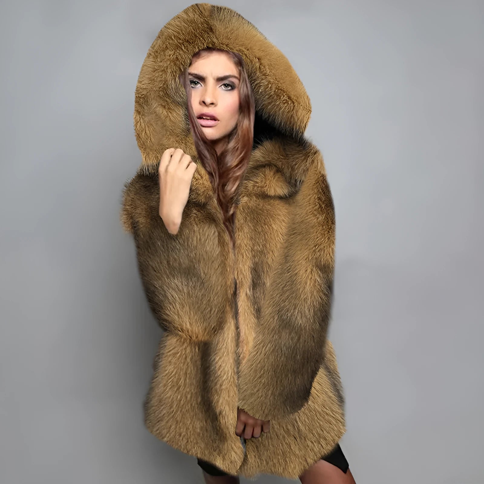 Silver grey artificial fur coat with regular sleeves showing loose fit mid-length design