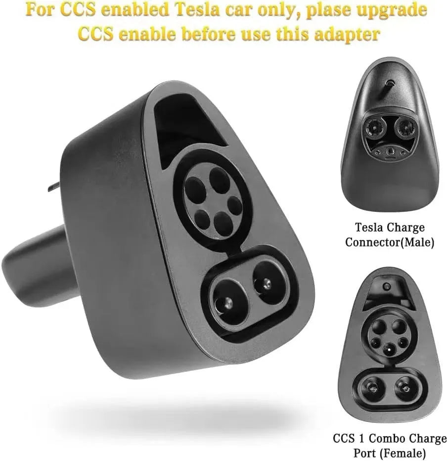 Black Tesla charging plug conversion adapter showing connection pins and dustproof housing