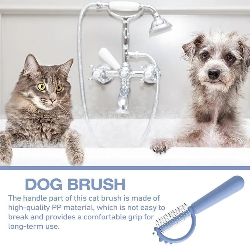 Dinosaur-shaped self-cleaning cat brush with stainless steel bristles in blue, green or white