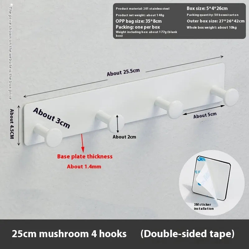 Screwless iron wall hook with mushroom design in three sizes for shower doors, with black and white tape options.