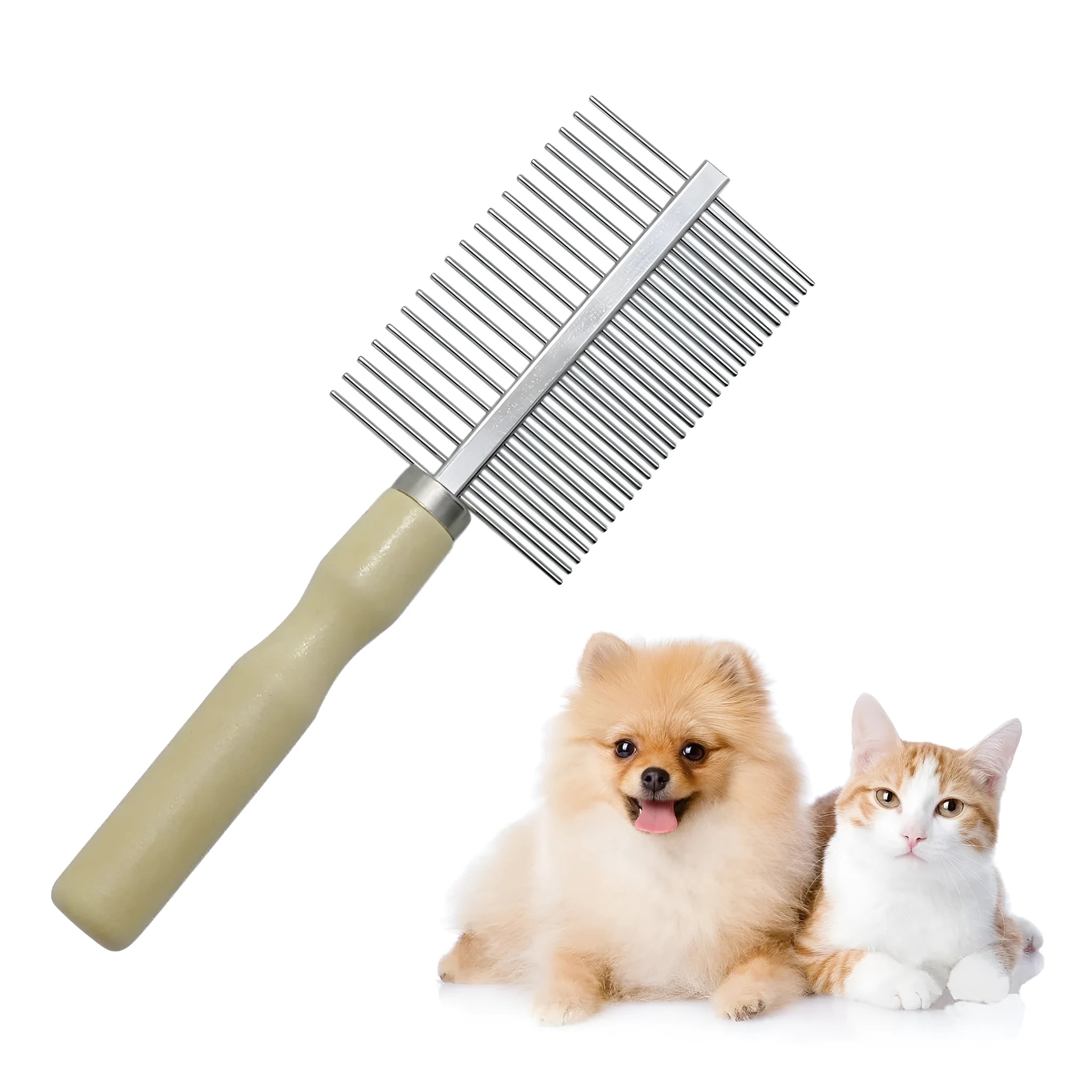 Wooden handle pet grooming comb for dogs and cats on a plain background.