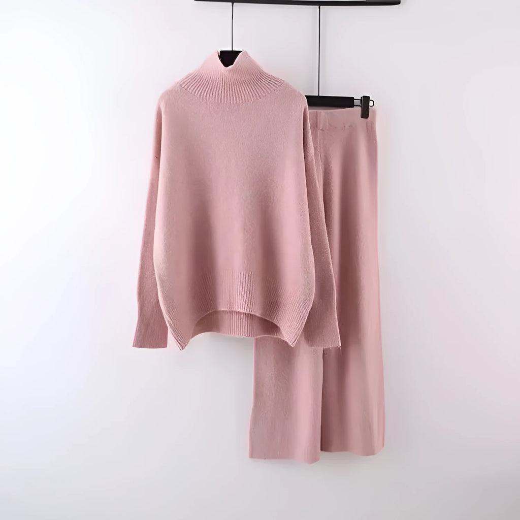 Women's casual acrylic sweater and wide leg trousers two-piece set in solid colour