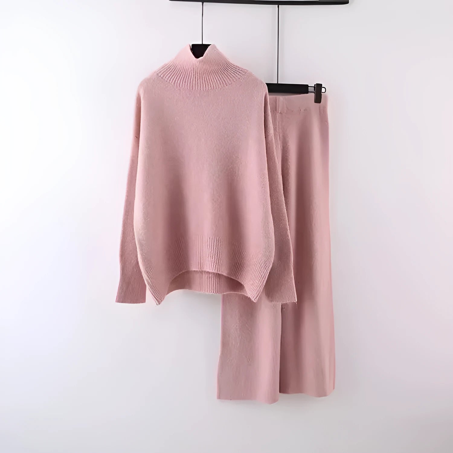 Women's casual acrylic sweater and wide leg trousers two-piece set in solid colour