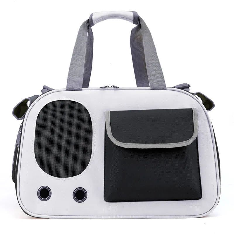 A foldable single shoulder pet bag in canvas, shown in yellow, green, and black colour options.