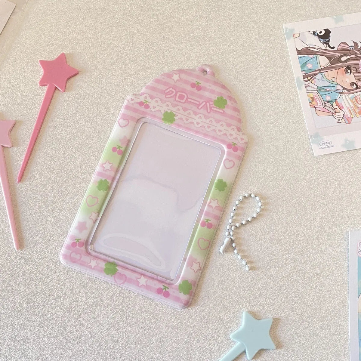 Cartoon strawberry or four-leaf clover PVC meal card holder pendant with clear card sleeve