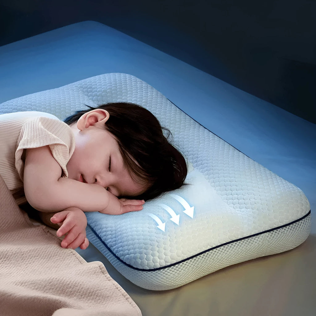 Children's dual-sided partition neck pillow showing cool and warm sides for ages 1 to 6 years