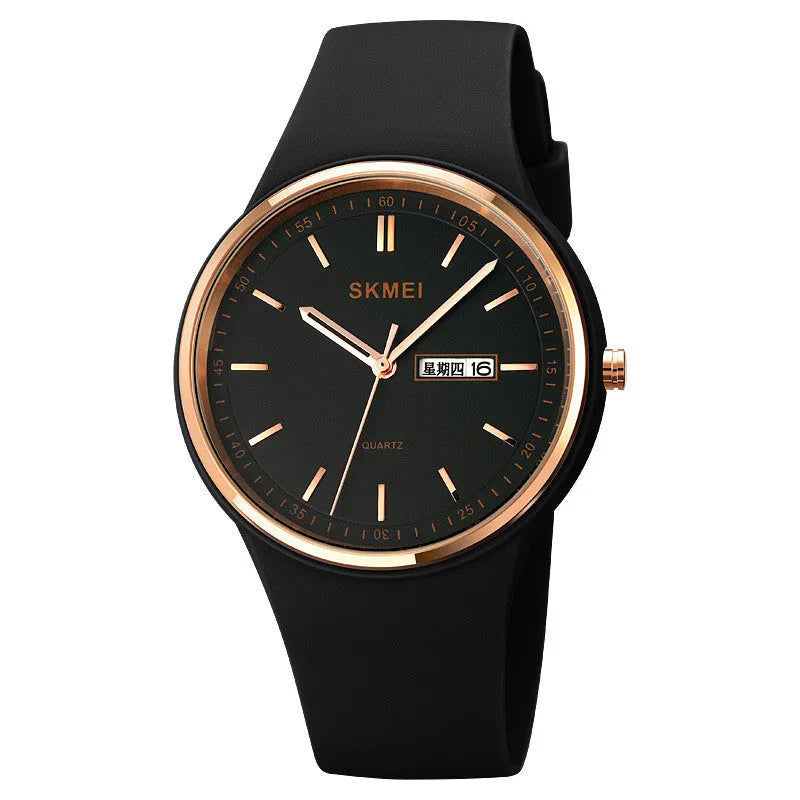 Quartz calendar watch with silicone strap, 42mm dial, waterproof to 30 metres in six colour options