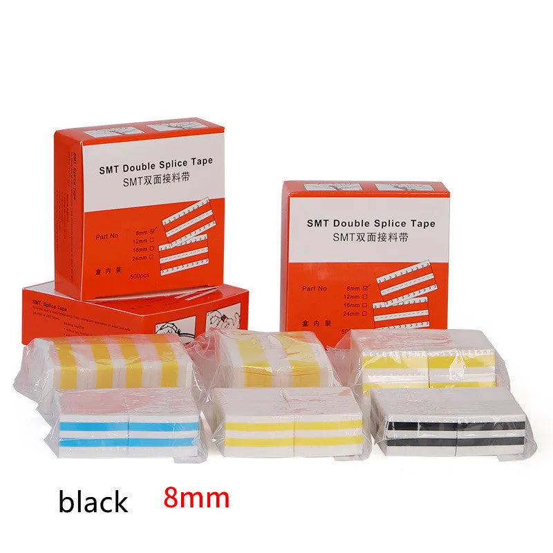 Rolls of SMT double-sided splicing tape in yellow, blue, black, and gum colours for placement machines.
