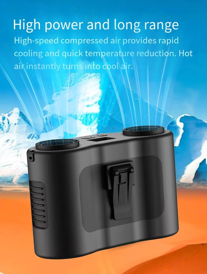 Grey waist-hung portable personal cooling fan shown with a neck lanyard.
