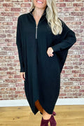 Women's solid colour loose knitted dress with zip front and raglan sleeves