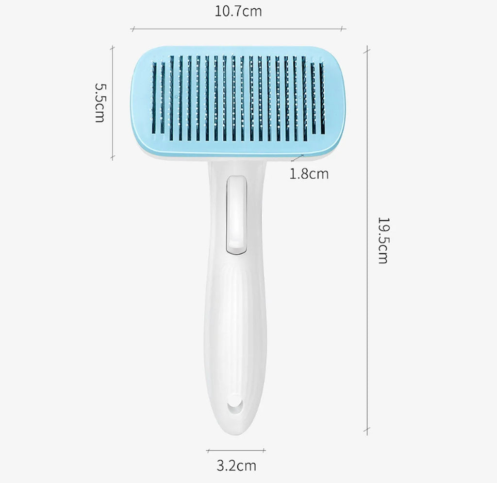 Automatic pet hair removal comb in blue, grey, green, or pink colours for dogs and cats