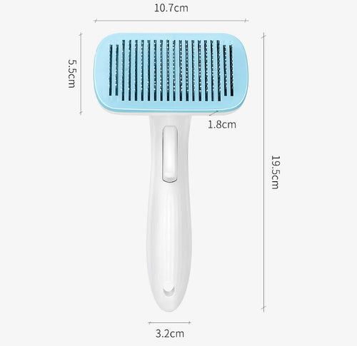 Automatic pet hair removal comb in blue, grey, green, or pink colours for dogs and cats