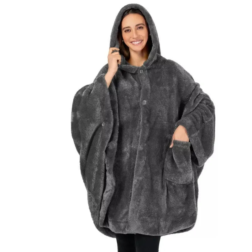Thickened hooded bathrobe in solid colour, shown with long sleeves and cardigan front.