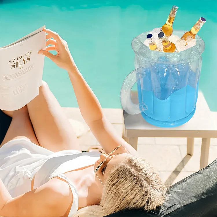 Yellow inflatable PVC ice bucket for beer steins with carry handle