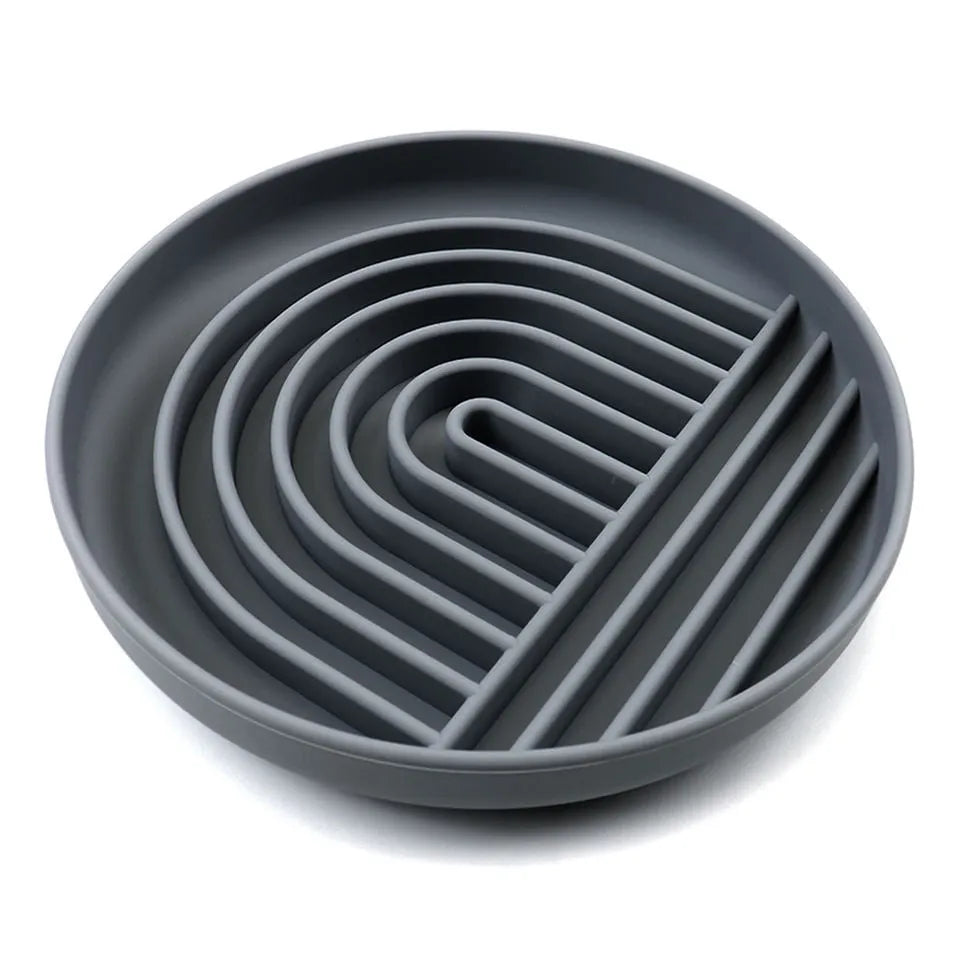 Silicone slow feeder dog bowl with ridges, shown in beige colour, 19cm diameter