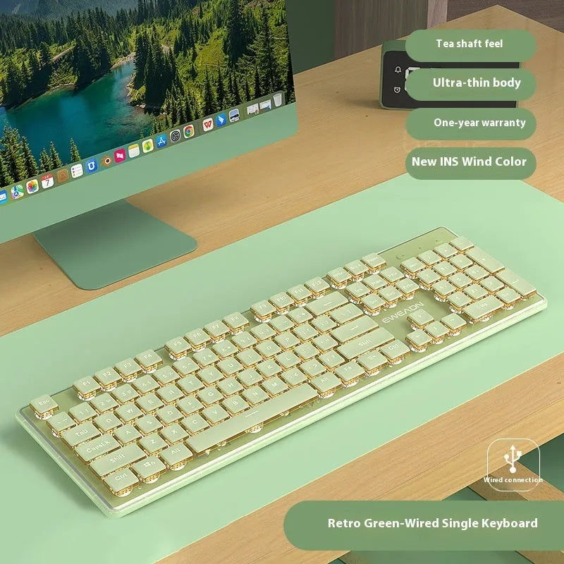 Prewalker V3 retro green coloured quiet keyboard and mouse set on a desk