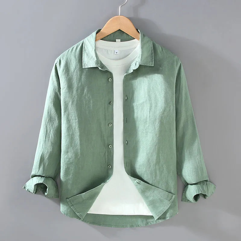 Men's linen shirt in solid colour with cardigan styling and long sleeves