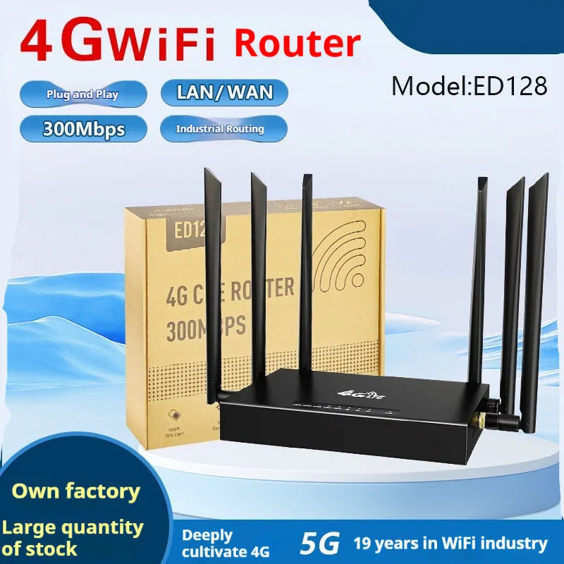 Industrial 4G router with iron box enclosure showing antenna and DC power connections