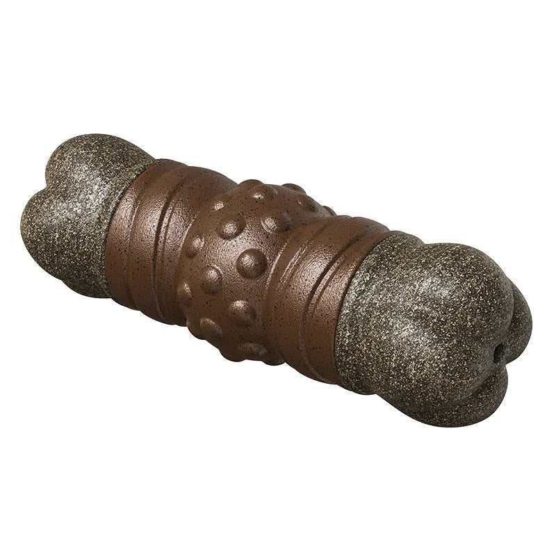 Wood colour plastic dog dental chew toy with molar rod design for teeth cleaning