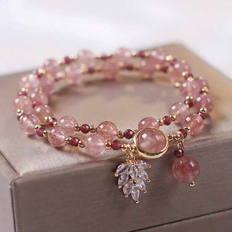 Red cat's eye flowers pattern double layer crystal bracelet with lucky cat charm