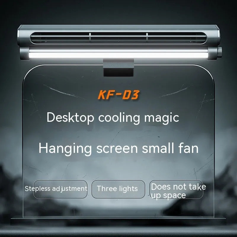 Black bladeless USB fan with clip attachment and integrated lighting lamp for computer screens