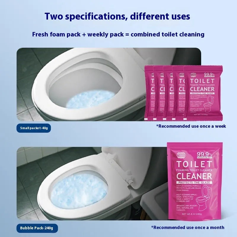 Toilet bubble powder in pink floral and blue ocean fragrance, showing 240g bag and box of five 40g sachets.