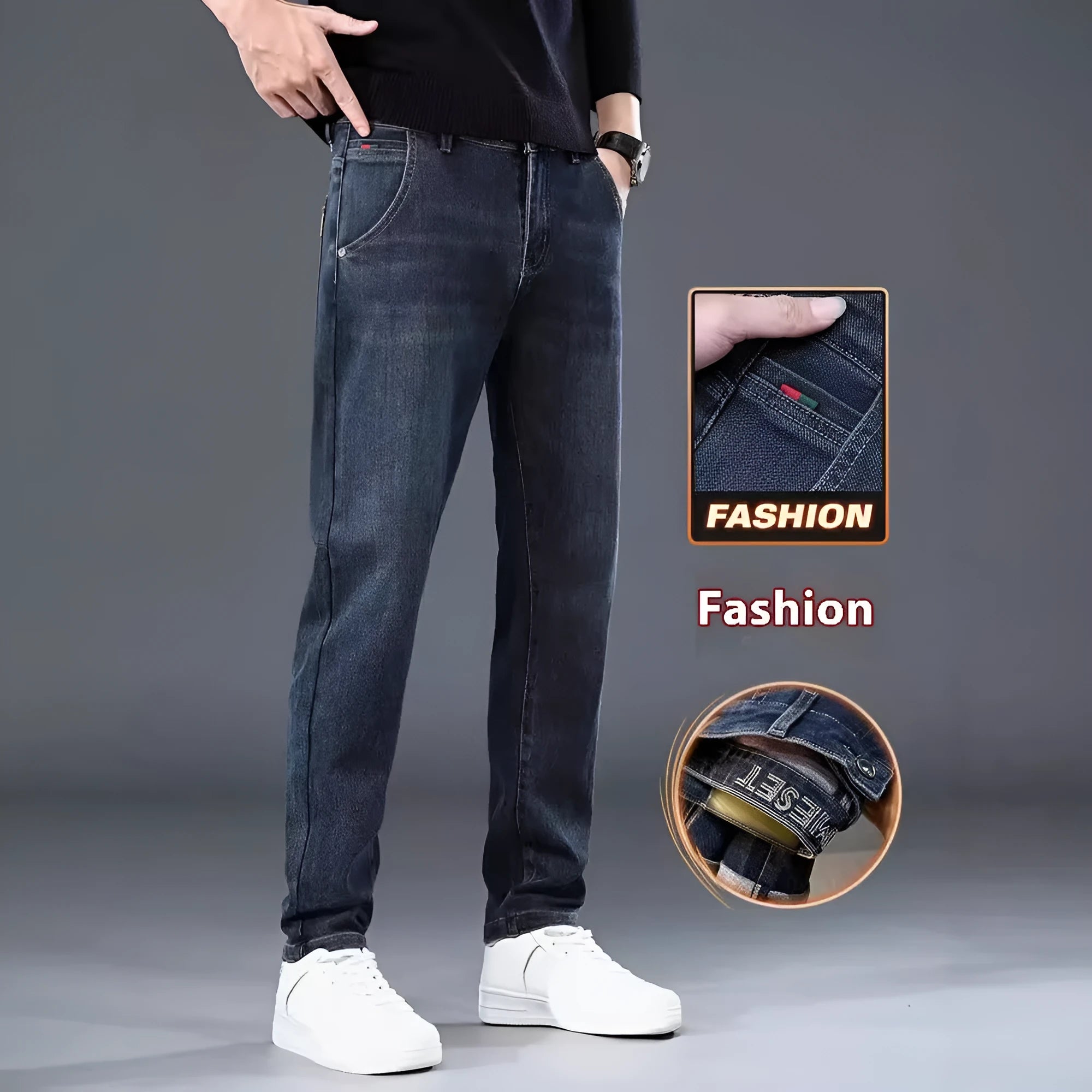 Slim straight casual trousers in black with micro elastic polyester fabric and zipper fly