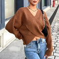 Women's loose polyester knitted sweater striped pattern long sleeve pullover in solid colour