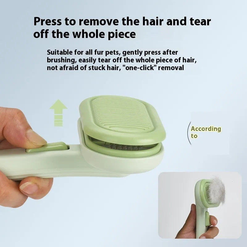 Large light grey pet hair removal comb for cats and dogs with stainless steel teeth and integrated de-matting shaver.