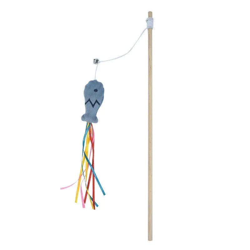 Cat wand toy with wooden handle, colourful ribbons, catnip fish attachment, and bell for interactive play