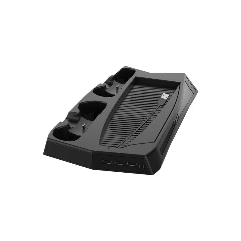 Black PS5 charging cooling fan base with two controller charging slots and USB HUBs