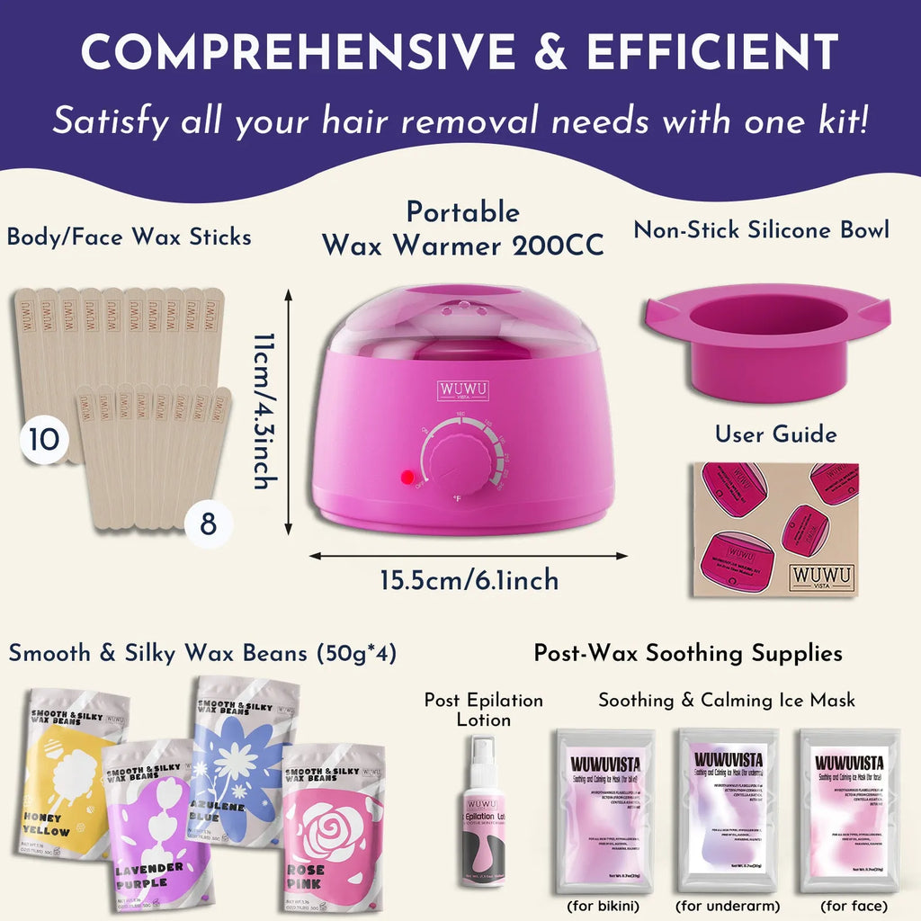 29 piece hard wax hair removal kit with black wax warmer, four wax bean colours, wax sticks and aftercare products