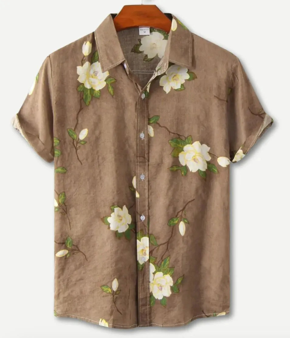 Hawaiian floral print short sleeve lapel cardigan shirt with elastic polyester fabric