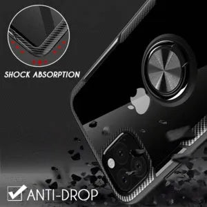 Black PU material phone case for iPhone 11 Pro Max showing precise cutouts for camera and ports.