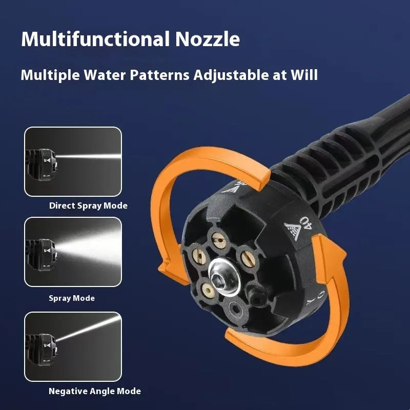 Green handheld wireless high-pressure water gun with six-in-one metal nozzle and lithium battery.