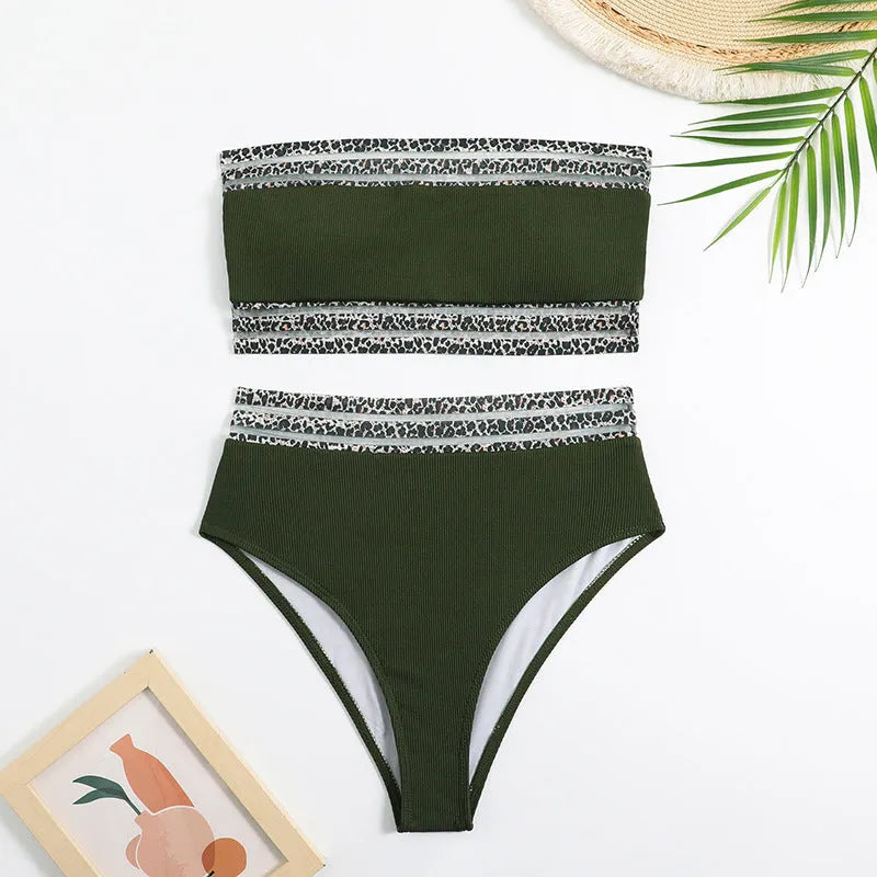 Black strapless leopard print split swimsuit bikini set with briefs